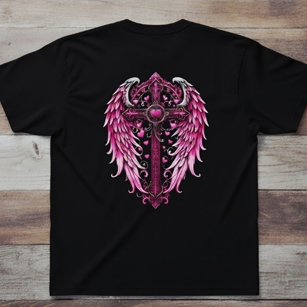 Gothic Cross Tee | Angel Wings Back Print | Front & Back Graphic Shirt